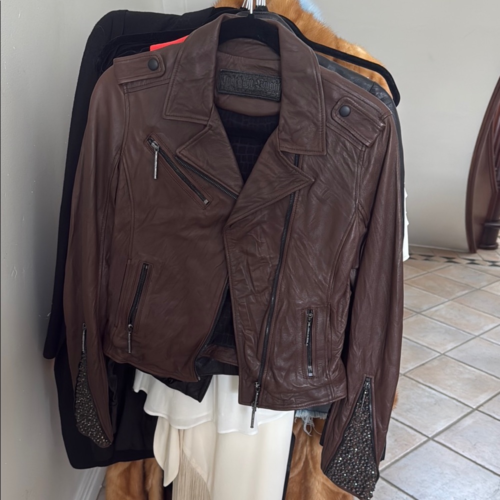 Jaded by Knight Brown Leather Jacket with Rhinestone details